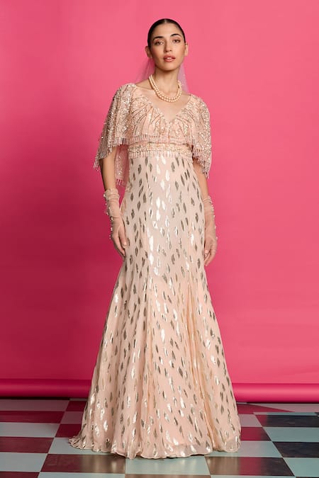 Buy Priyanka Jain Peach Georgette Sequins, Beads Plunge Neck Shimmer Embroidered Gown Online at Aza Fashions Buy_Priyanka Jain_Peach Georgette Sequins, Beads Plunge Neck Shimmer Embroidered Gown _Online_at_Aza_Fashions