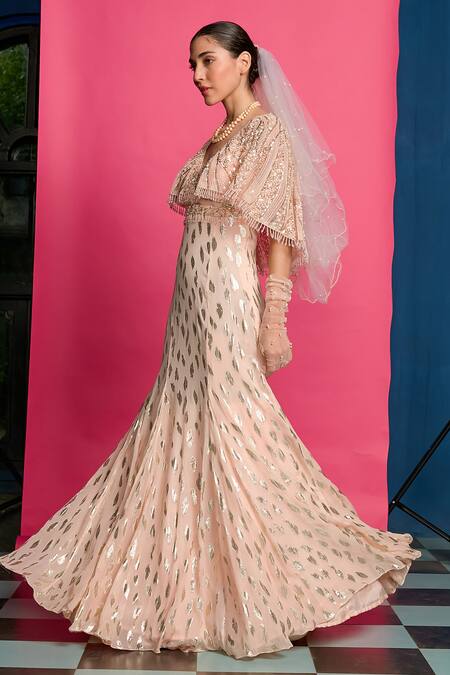 Shop Priyanka Jain Peach Georgette Sequins, Beads Plunge Neck Shimmer Embroidered Gown Online at Aza Fashions Shop_Priyanka Jain_Peach Georgette Sequins, Beads Plunge Neck Shimmer Embroidered Gown _Online_at_Aza_Fashions