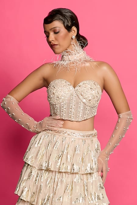 Priyanka Jain_Pink Net, Georgette, Linen Shimmer Embroidered Tiered Lehenga With Corset _Online_at_Aza_Fashions