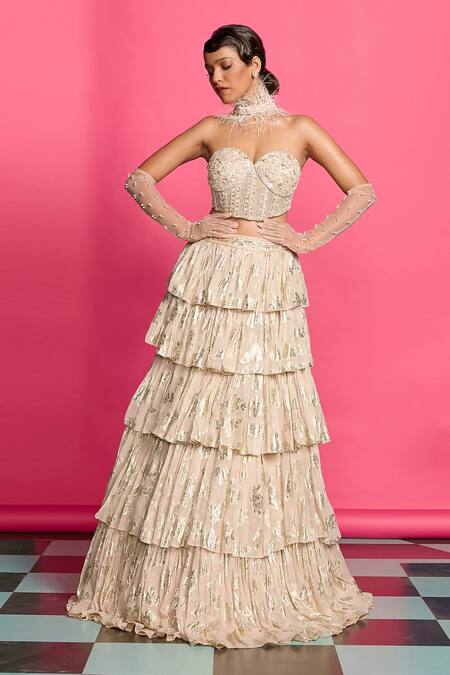 Buy_Priyanka Jain_Pink Net, Georgette, Linen Shimmer Embroidered Tiered Lehenga With Corset _Online_at_Aza_Fashions