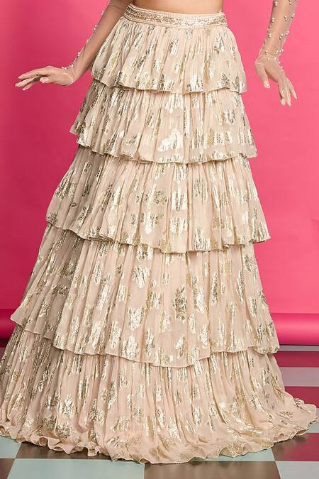 Shop_Priyanka Jain_Pink Net, Georgette, Linen Shimmer Embroidered Tiered Lehenga With Corset _Online_at_Aza_Fashions