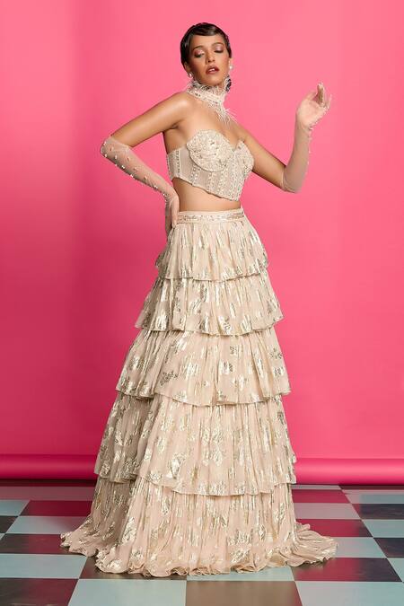 Priyanka Jain_Pink Net, Georgette, Linen Shimmer Embroidered Tiered Lehenga With Corset _at_Aza_Fashions