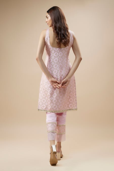 Shop_Monk & Mei By Sonia Anand_Pink Silk, Brocade Lace, Pearls, Embroidery Scoop Checkered Woven Kurta Pant Set _at_Aza_Fashions