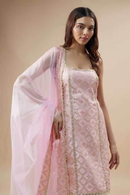 Monk & Mei By Sonia Anand_Pink Silk, Brocade Lace, Pearls, Embroidery Scoop Checkered Woven Kurta Pant Set _Online_at_Aza_Fashions