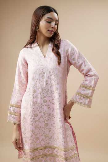 Monk & Mei By Sonia Anand_Pink Silk, Brocade Embroidery, Pearls V-neck Floral Woven Kurta And Pant Set_Online_at_Aza_Fashions