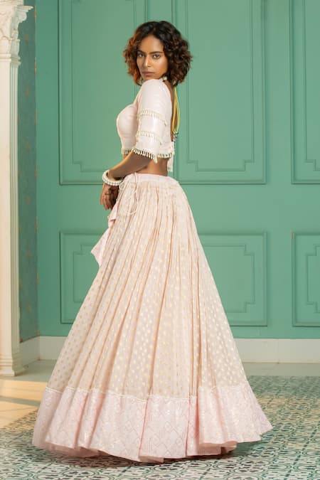 Monk & Mei By Sonia Anand_Pink Organza, Georgette Pearls V-neck Geometric Brocade Woven Lehenga Set _Online_at_Aza_Fashions
