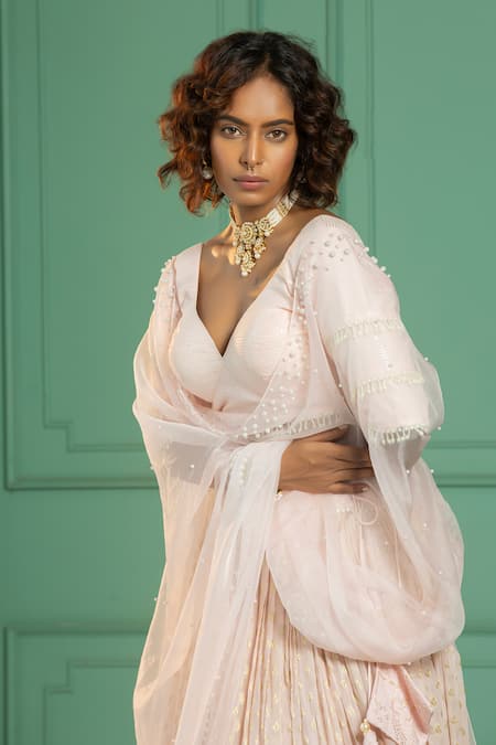 Shop_Monk & Mei By Sonia Anand_Pink Organza, Georgette Pearls V-neck Geometric Brocade Woven Lehenga Set _Online_at_Aza_Fashions