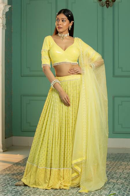 Monk & Mei By Sonia Anand_Yellow Organza, Georgette Pearls, Sequins V-neck Geometric Woven Lehenga Set _Online_at_Aza_Fashions