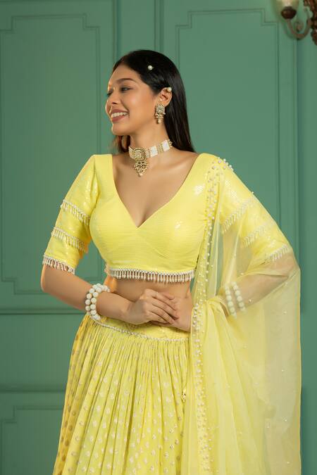 Buy_Monk & Mei By Sonia Anand_Yellow Organza, Georgette Pearls, Sequins V-neck Geometric Woven Lehenga Set _Online_at_Aza_Fashions