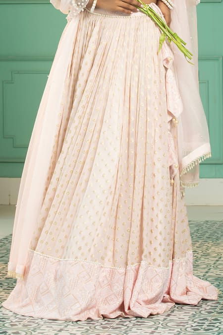 Monk & Mei By Sonia Anand_Pink Organza, Georgette Pearls Round Neck Geometric Woven Pleated Lehenga Set _Online_at_Aza_Fashions