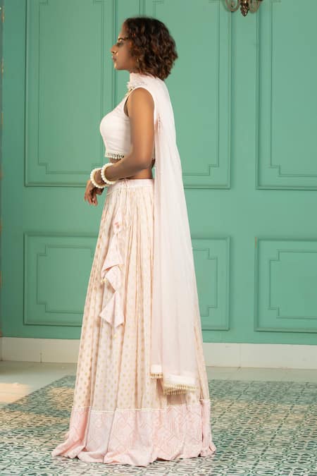 Monk & Mei By Sonia Anand_Pink Organza, Georgette Pearls Round Neck Geometric Woven Pleated Lehenga Set _at_Aza_Fashions