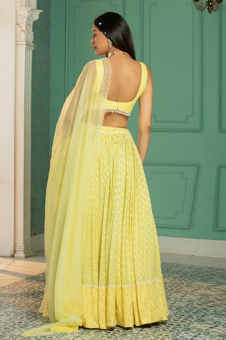 Shop_Monk & Mei By Sonia Anand_Yellow Organza, Georgette Pearls, Embroidery Abstract Woven Pleated Lehenga Set _at_Aza_Fashions