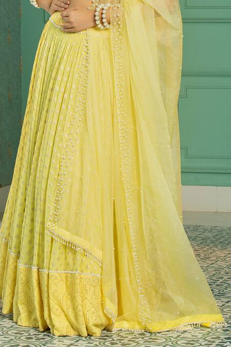 Monk & Mei By Sonia Anand_Yellow Organza, Georgette Pearls, Embroidery Abstract Woven Pleated Lehenga Set _Online_at_Aza_Fashions