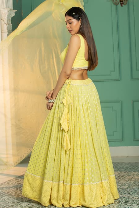 Shop_Monk & Mei By Sonia Anand_Yellow Organza, Georgette Pearls, Embroidery Abstract Woven Pleated Lehenga Set _Online_at_Aza_Fashions