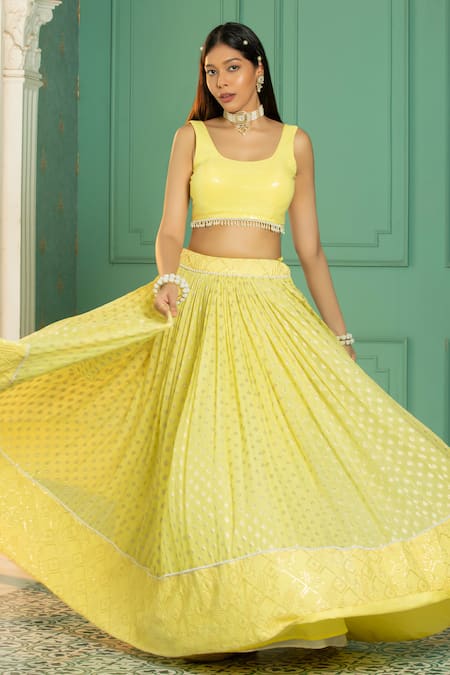 Monk & Mei By Sonia Anand_Yellow Organza, Georgette Pearls, Embroidery Abstract Woven Pleated Lehenga Set _at_Aza_Fashions