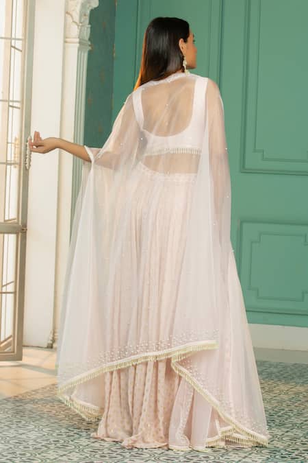 Shop_Monk & Mei By Sonia Anand_Pink Organza, Georgette Sequins Pearl Embellished Cape Sharara Set _at_Aza_Fashions