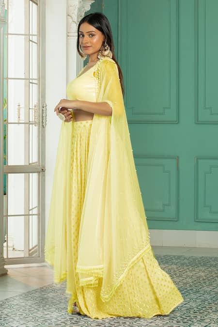 Monk & Mei By Sonia Anand_Yellow Organza, Georgette Pearls, Sequins Round Embellished Cape Sharara Set _Online_at_Aza_Fashions
