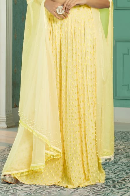 Buy_Monk & Mei By Sonia Anand_Yellow Organza, Georgette Pearls, Sequins Round Embellished Cape Sharara Set _Online_at_Aza_Fashions