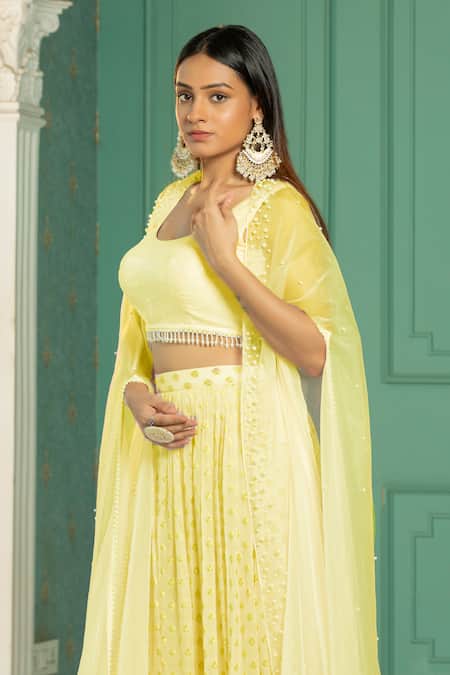 Shop_Monk & Mei By Sonia Anand_Yellow Organza, Georgette Pearls, Sequins Round Embellished Cape Sharara Set _Online_at_Aza_Fashions