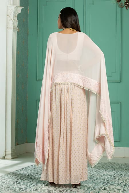 Shop_Monk & Mei By Sonia Anand_Pink Georgette Sequins Border Embroidered Cape And Sharara Set _at_Aza_Fashions