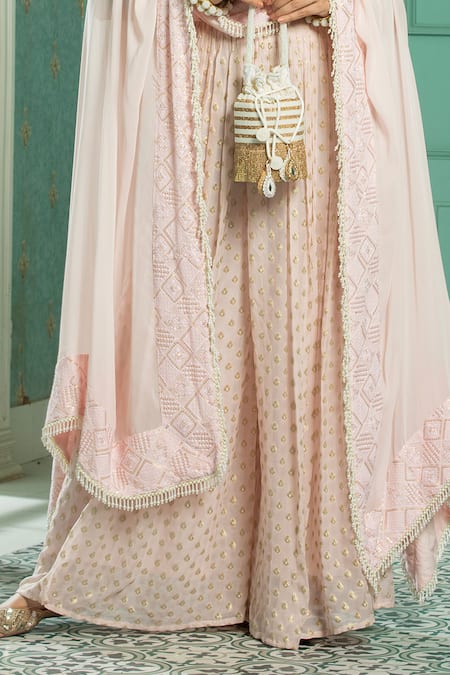 Monk & Mei By Sonia Anand_Pink Georgette Sequins Border Embroidered Cape And Sharara Set _Online_at_Aza_Fashions