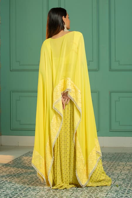 Shop_Monk & Mei By Sonia Anand_Yellow Georgette, Linen Embroidery Sequin Border Cape And Sharara Set _at_Aza_Fashions