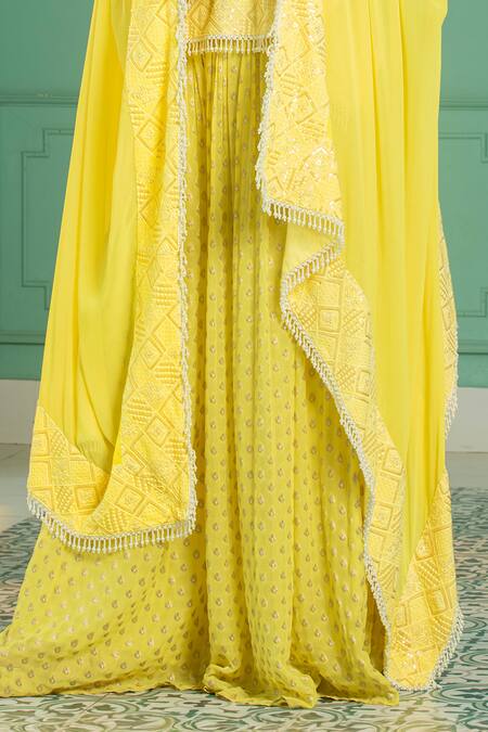 Monk & Mei By Sonia Anand_Yellow Georgette, Linen Embroidery Sequin Border Cape And Sharara Set _Online_at_Aza_Fashions