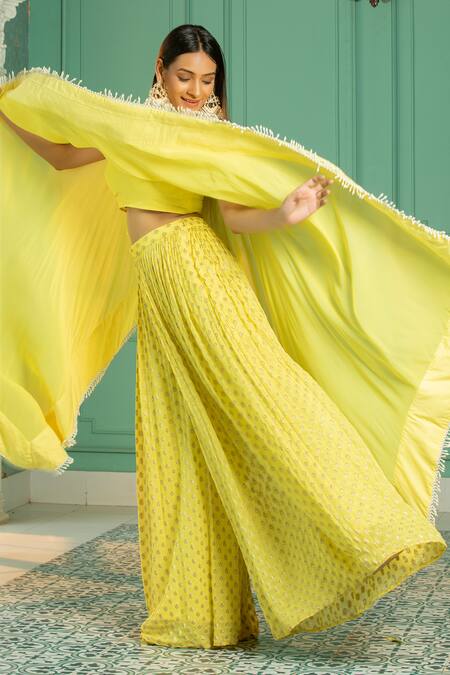 Buy_Monk & Mei By Sonia Anand_Yellow Georgette, Linen Embroidery Sequin Border Cape And Sharara Set _Online_at_Aza_Fashions