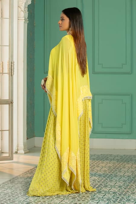 Shop_Monk & Mei By Sonia Anand_Yellow Georgette, Linen Embroidery Sequin Border Cape And Sharara Set _Online_at_Aza_Fashions