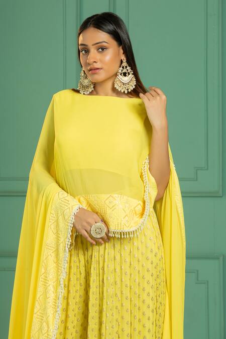 Monk & Mei By Sonia Anand_Yellow Georgette, Linen Embroidery Sequin Border Cape And Sharara Set _at_Aza_Fashions