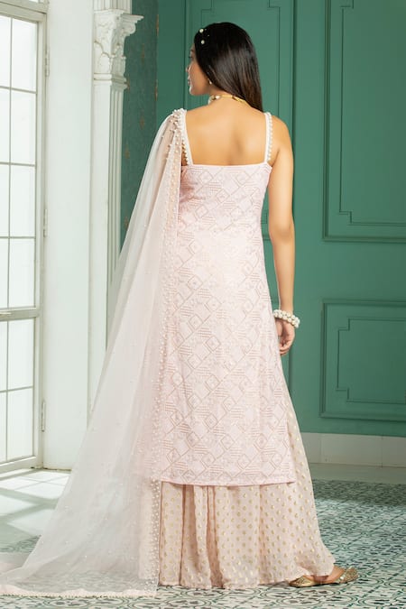 Monk & Mei By Sonia Anand Checkered Embroidered Kurta Sharara Set 