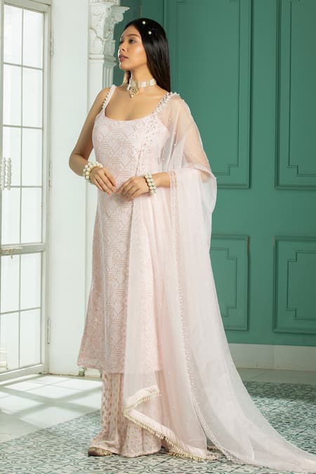 Monk & Mei By Sonia Anand_Pink Organza, Georgette Pearls, Sequins, Embroidery Checkered Kurta Sharara Set _Online_at_Aza_Fashions