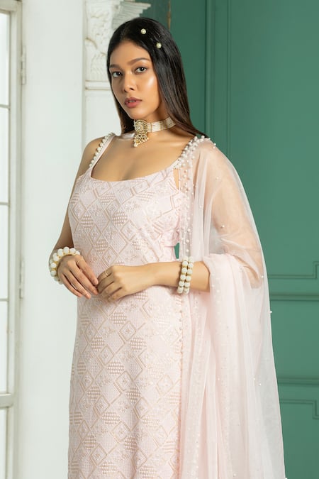 Buy_Monk & Mei By Sonia Anand_Pink Organza, Georgette Pearls, Sequins, Embroidery Checkered Kurta Sharara Set _Online_at_Aza_Fashions