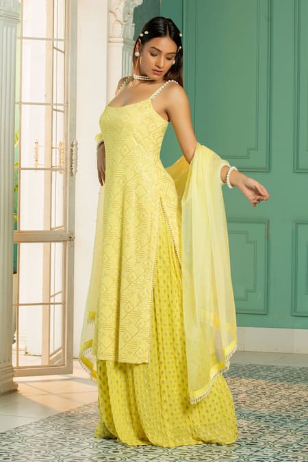 Monk & Mei By Sonia Anand_Yellow Organza, Georgette, Linen Pearls, Sequins Embroidered Kurta Sharara Set _Online_at_Aza_Fashions