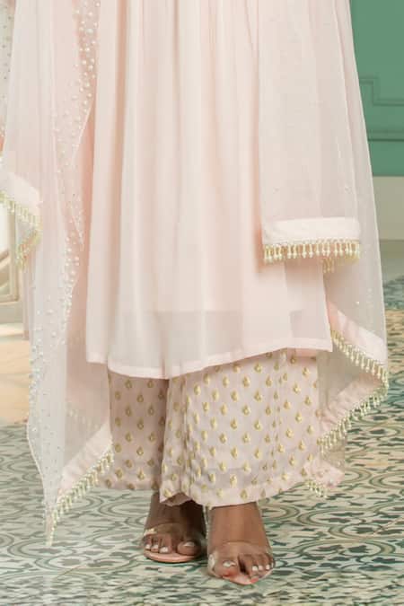 Monk & Mei By Sonia Anand_Pink Organza, Georgette Sequins, Pearls V-neck Embroidered Anarkali Pant Set _Online_at_Aza_Fashions