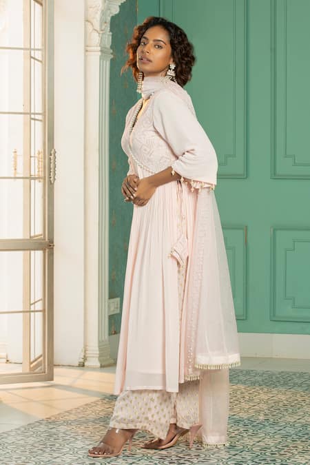 Buy_Monk & Mei By Sonia Anand_Pink Organza, Georgette Sequins, Pearls V-neck Embroidered Anarkali Pant Set _Online_at_Aza_Fashions