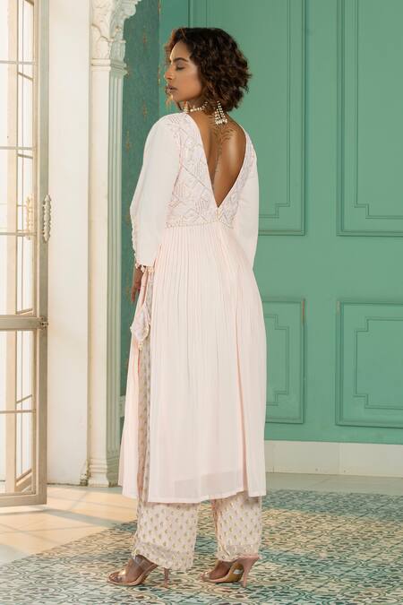 Monk & Mei By Sonia Anand_Pink Organza, Georgette Sequins, Pearls V-neck Embroidered Anarkali Pant Set _at_Aza_Fashions