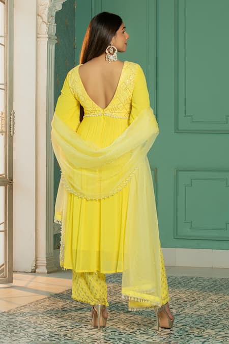 Shop_Monk & Mei By Sonia Anand_Yellow Organza, Georgette Pearls, Sequins Yoke Embroidered Anarkali Pant Set _at_Aza_Fashions