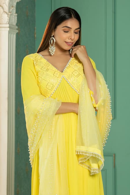 Monk & Mei By Sonia Anand_Yellow Organza, Georgette Pearls, Sequins Yoke Embroidered Anarkali Pant Set _Online_at_Aza_Fashions