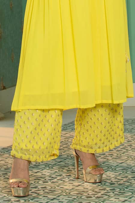 Buy_Monk & Mei By Sonia Anand_Yellow Organza, Georgette Pearls, Sequins Yoke Embroidered Anarkali Pant Set _Online_at_Aza_Fashions