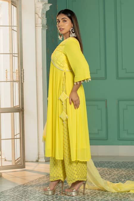 Monk & Mei By Sonia Anand_Yellow Organza, Georgette Pearls, Sequins Yoke Embroidered Anarkali Pant Set _at_Aza_Fashions