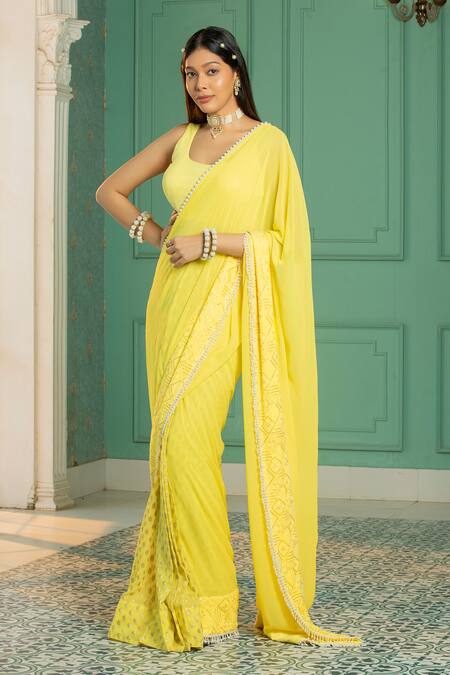 Buy_Monk & Mei By Sonia Anand_Yellow Georgette, Linen Pearls, Sequins, Leaf Woven Pre-draped Saree With Blouse _Online_at_Aza_Fashions