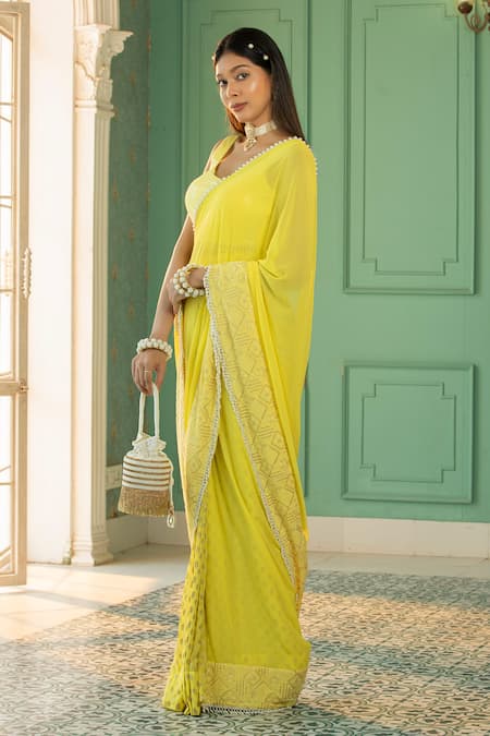 Shop_Monk & Mei By Sonia Anand_Yellow Georgette, Linen Pearls, Sequins, Leaf Woven Pre-draped Saree With Blouse _Online_at_Aza_Fashions