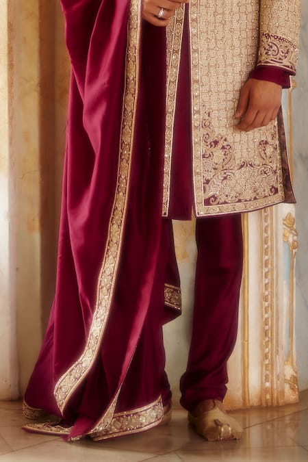 Eeksha_Beige Twill, Silk Crystals, Cut Work, Beads, Moti Gul Embroidered Sherwani Set _Online_at_Aza_Fashions