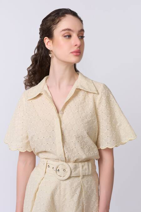 Verano By Tanya Ivory Cotton Embroidery Collared Camila Thread Scallop Shirt Online at Aza Fashions Verano By Tanya_Ivory Cotton Embroidery Collared Camila Thread Scallop Shirt _Online_at_Aza_Fashions