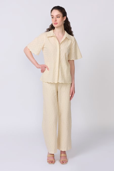 Shop Verano By Tanya Ivory Cotton Embroidery Camila Thread Straight Fit Trouser at Aza Fashions Shop_Verano By Tanya_Ivory Cotton Embroidery Camila Thread Straight Fit Trouser _at_Aza_Fashions
