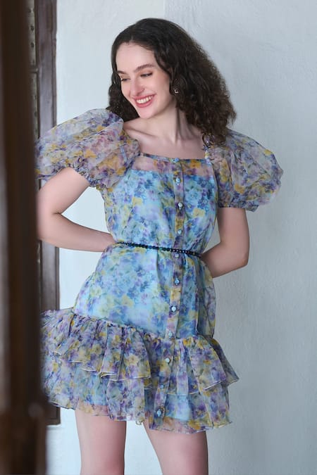 Shop Verano By Tanya Blue Organza, Crepe Beads Square Neck Eveline Floral Print Tiered Ruffle Dress at Aza Fashions Shop_Verano By Tanya_Blue Organza, Crepe Beads Square Neck Eveline Floral Print Tiered Ruffle Dress _at_Aza_Fashions