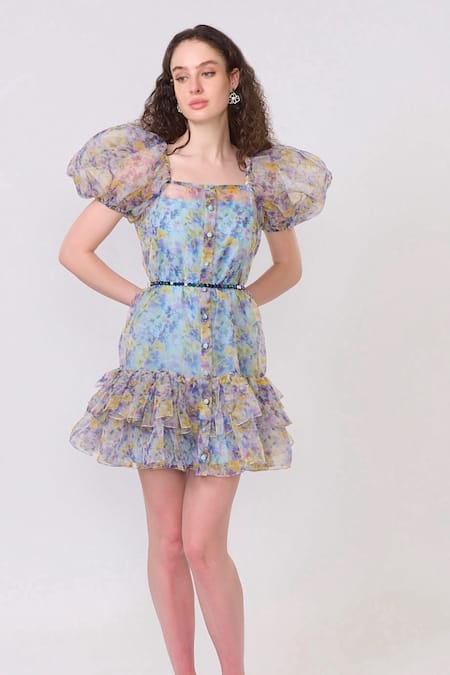 Verano By Tanya Blue Organza, Crepe Beads Square Neck Eveline Floral Print Tiered Ruffle Dress Online at Aza Fashions Verano By Tanya_Blue Organza, Crepe Beads Square Neck Eveline Floral Print Tiered Ruffle Dress _Online_at_Aza_Fashions