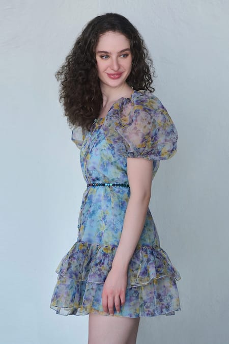 Buy Verano By Tanya Blue Organza, Crepe Beads Square Neck Eveline Floral Print Tiered Ruffle Dress Online at Aza Fashions Buy_Verano By Tanya_Blue Organza, Crepe Beads Square Neck Eveline Floral Print Tiered Ruffle Dress _Online_at_Aza_Fashions