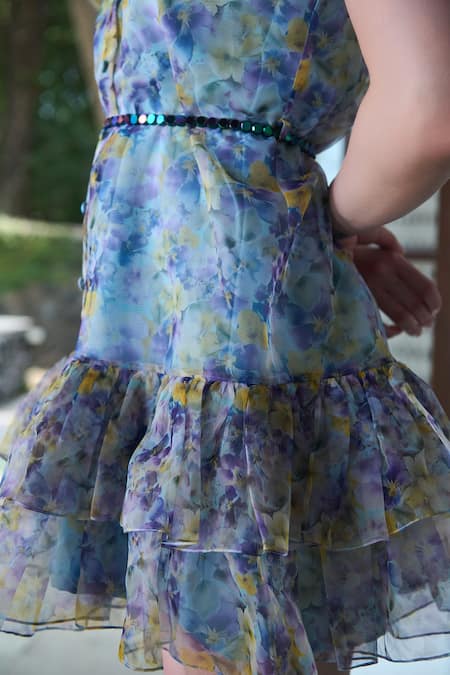 Shop Verano By Tanya Blue Organza, Crepe Beads Square Neck Eveline Floral Print Tiered Ruffle Dress Online at Aza Fashions Shop_Verano By Tanya_Blue Organza, Crepe Beads Square Neck Eveline Floral Print Tiered Ruffle Dress _Online_at_Aza_Fashions
